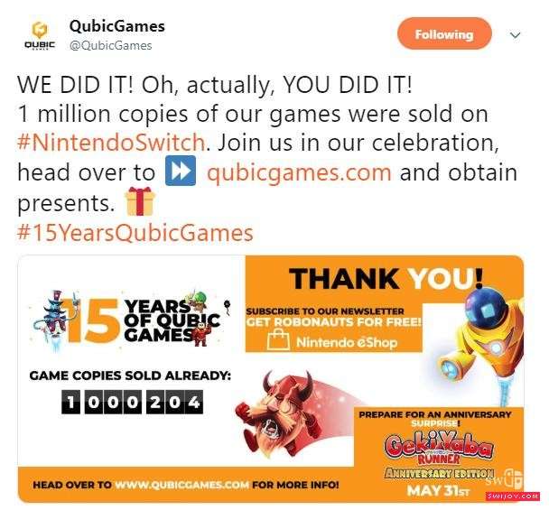 庆祝下载量破百万QubicGames免费送Switch游戏